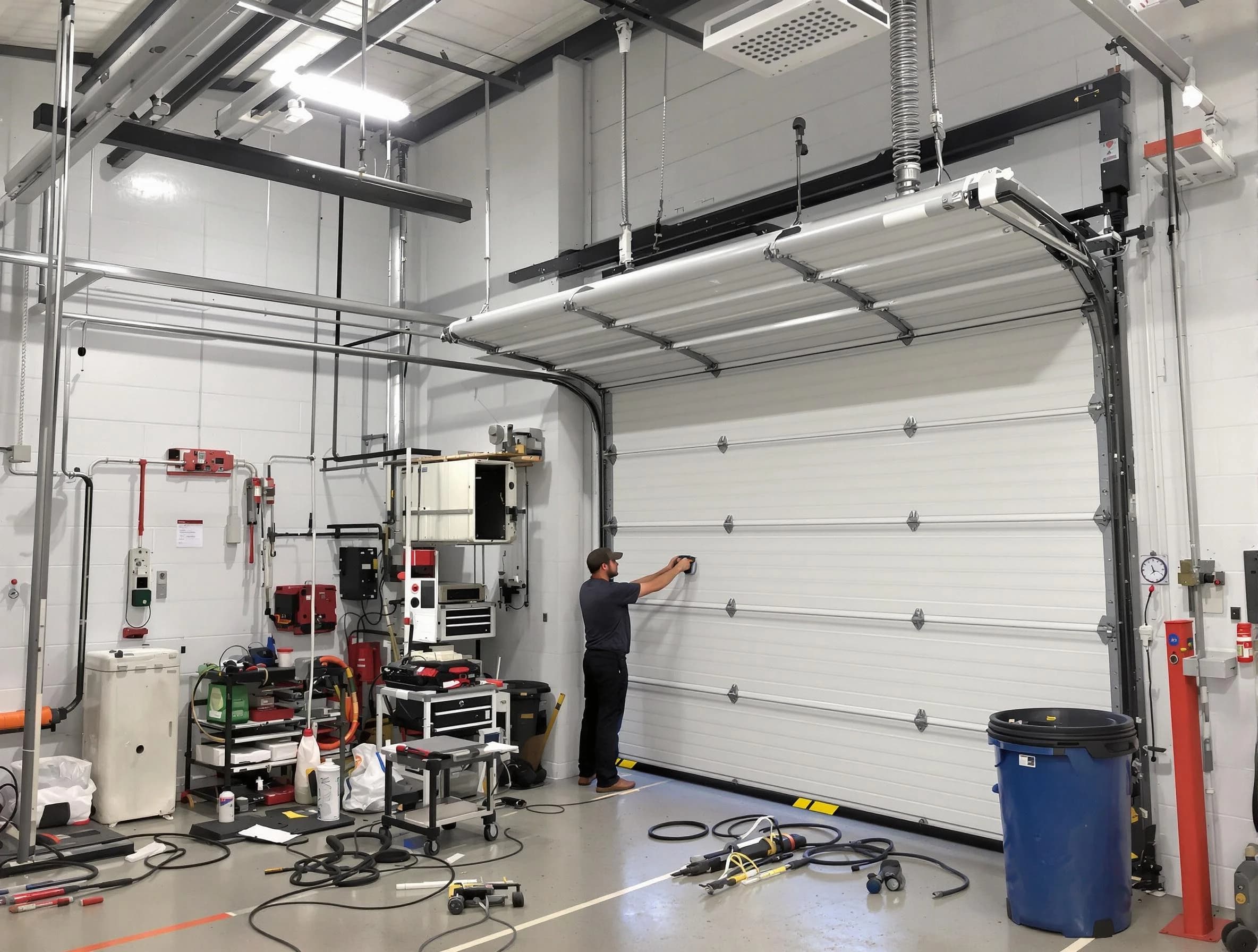 Plain City Garage Door Repair certified technician performing commercial door repair at a Plain City business facility