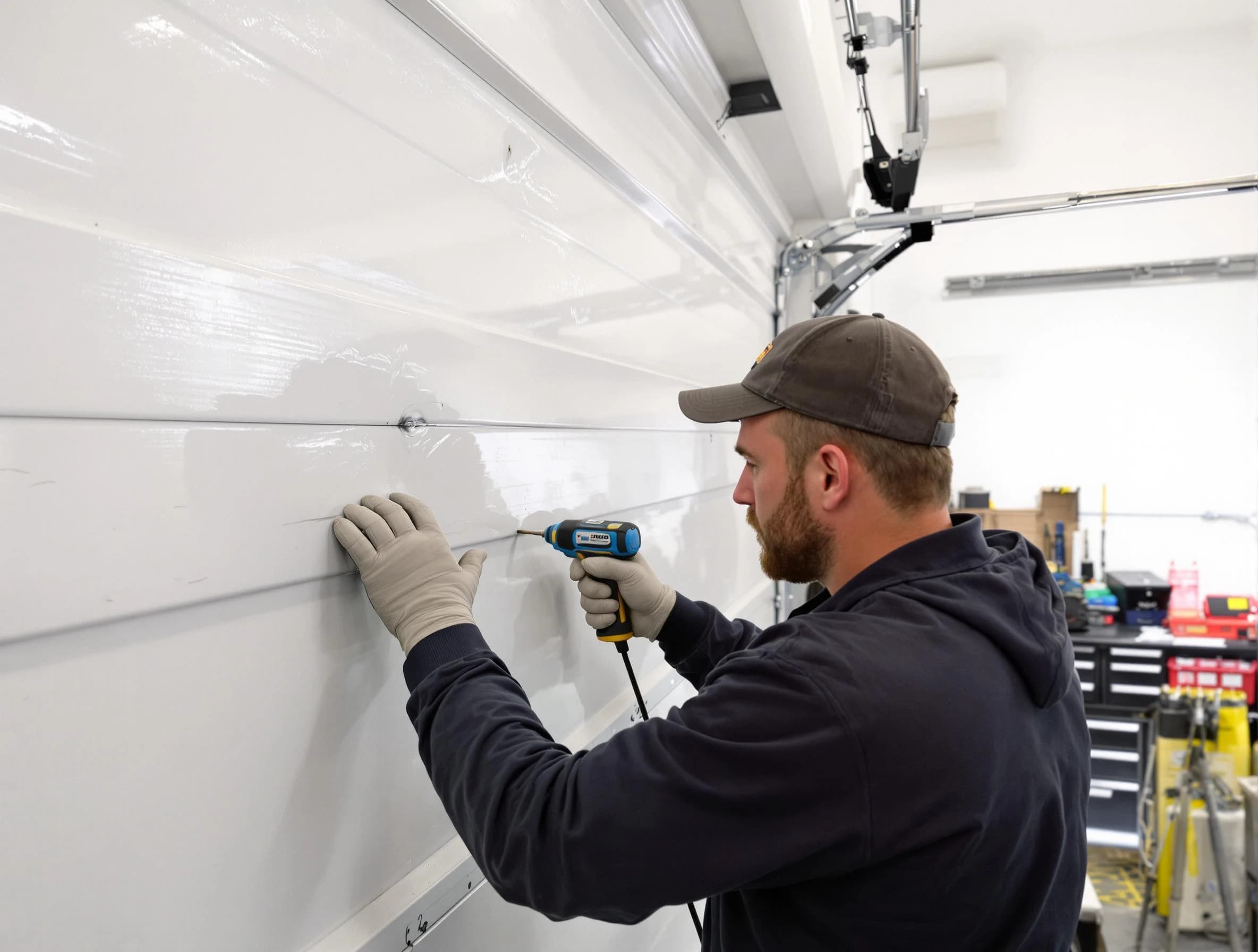Plain City Garage Door Repair technician demonstrating precision dent removal techniques on a Plain City garage door